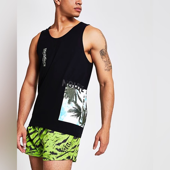 River Island Mens Black Graphic Print Slim Fit Tank Tops - Picture 1 of 5